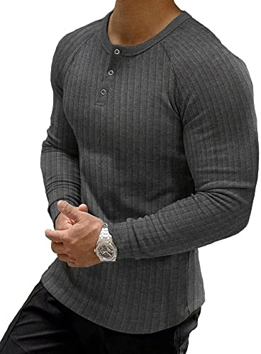 Muscle Cmdr T Shirt Manche Longue Homme,Coton À Manches Courtes/Longues Henley T-Shirts, Casual Henley Hauts pour Fitness Tee Shirt（Gris foncé/L
