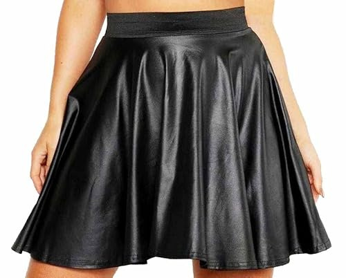 Women Ladies Sexy High Waist Faux Leather Wetlook PVC Flare Skater Mini Skirt Size 8-14, Black
