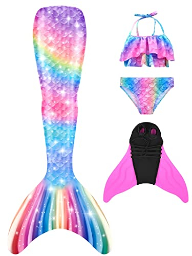 Pyjacos meerjungfrauenflosse mädchen Badeanzug - Meerjungfrau Flosse Bademode mit Bikini Set und Monoflosse Mermaid Tail, 4 Stück Set，pinkseM9-130