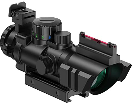Feyachi R122 Rifle Scope, 4X32mm Red/Green/Blue Illuminated Rapid Range Reticle, Red Dot Sight with 2 Fibre Optic Sights, Airsoft Gun Scope Compatible with 20mm/22mm Picatinny Rail Mounts
