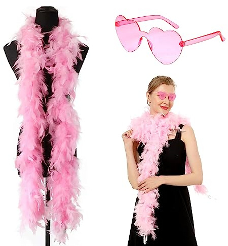 Meanju 2M Boa de Plumas esponjosas de colores con gafas de sol para fiestas de Disfraces, Boda, Carnaval, Halloween y Navidad (Rosa)