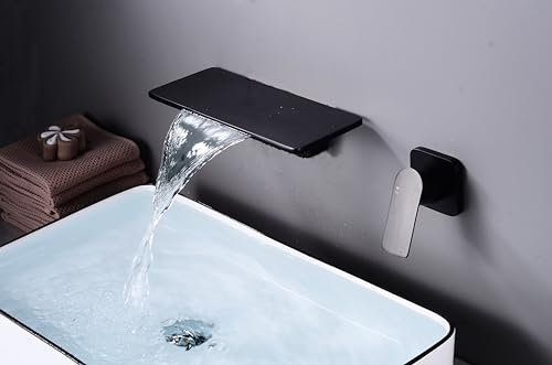 Wasserhahn Bad Wandmontage Schwarz, Wand Wasserfall Waschtischarmaturen aus Messing, für Badezimmer Waschtisch Oder Badewanne