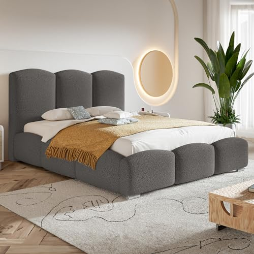 MOTIVENA Hilton Bubble Bett 140x200 Grau Boucle, mit Stauraum, mit Kopfteil, mit Lattenrost, mit Füßen, ohne Matratze, Bubble Polsterbett 140x200 mit Bettkasten Grau (Anthrazit)