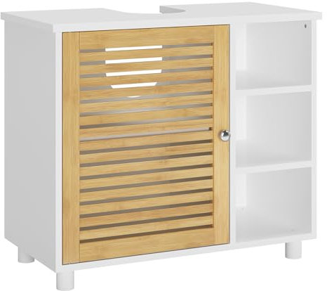 FORABAMB Meuble Salle de Bain Sous Lavabo Avec Porte en Bambou, 3 Étagères Ouvertes, Armoire de Rangement Pour Vasque, Dessous Évier Sur Pied, 62 × 30 × 60 CM