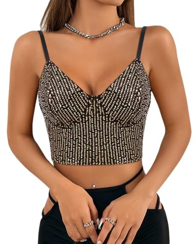 Segreto Camiseta sin mangas con lentejuelas brillantes para mujer, sexy, con tirantes de espagueti, Crop Top, para festival, fiesta, club, camisola, M