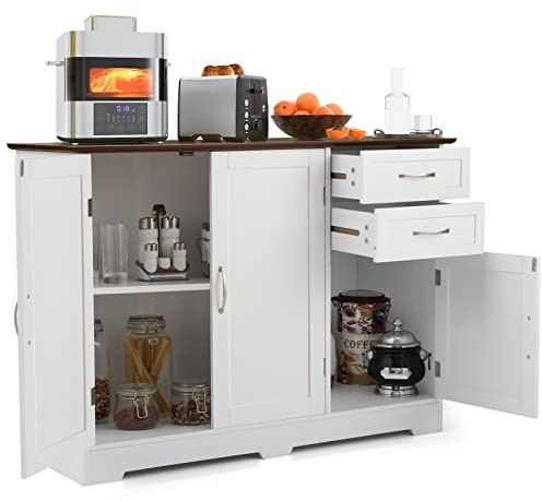 GYMAX Buffet da Cucina, Mobile con 2 Armadietti a Porta, 2 Cassetti, Piano Spazioso, Mensola Regolabile, Mobile di Stoccaggio Moderno per Soggiorno, Sala da Pranzo, Camera da Letto (Bianco)