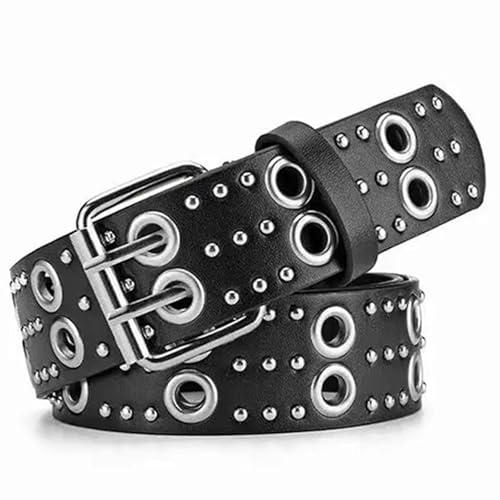 MGHN Cinturón con Remaches para Mujer, Cinturón con tachuelas negras, cinturones de cuero de PU, cinturón con remaches estilo punk rock, cinturón con ojales dobles for mujeres y hombres