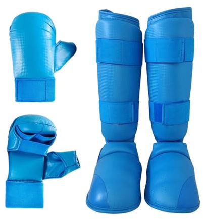 Oshhni Ensemble d'équipement de karaté, Gants de Boxe, protège-Tibias, Gants de Frappe pour entraînement de Taekwondo, Gants de Frappe, équipement pour, Bleu, S