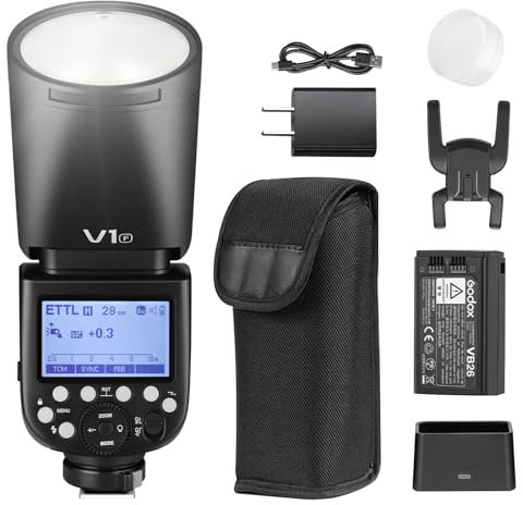 Godox V1F Speedlite Flash, 76Ws 2.4G Sincronización de Alta Velocidad 1/8000s 2600mAh Rundkopf V1 Speedlight para Fuji Cámara (V1-F)