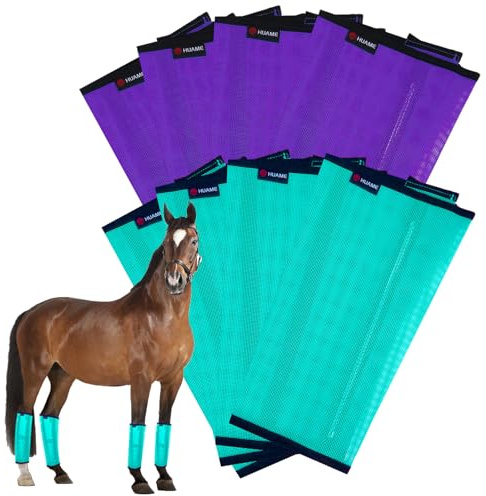 HUAME Fly Boots for Horses Set of 8 Breathable Mesh Design Protection from Insect Pests for Reduce Stomping, Hoof Damage & Leg Fatigue (Purple-Green, Large)