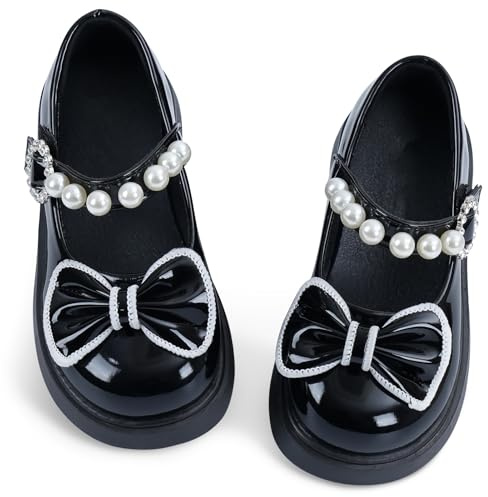 Little Girls Dress Shoes with Pearls Strap and Bow Tie Soft Sole Mary Jane Flats Toddler Girls' Ballerina Flat Princess Dress Shoes for Wedding School Party