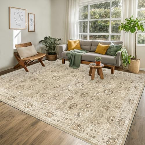 Capslpad Washable Rugs Living Room 200x300cm Distressed Vintage Area Rugs Non-Slip Traditional Oriental Bedroom Carpet Low Pile Thin Floor Mat Rug for Dining Room Kitchen Office Decor, Beige Brown
