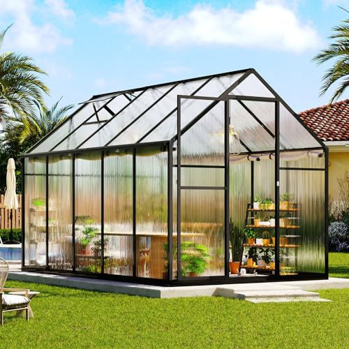 Luxoak 178×300×192CM Gewächshaus aus Polycarbonat und Aluminium für Garten/Terrasse, Tomatengewächshaus mit 2 Fenstern und Schwingtür, Winterfest (Schwarz)