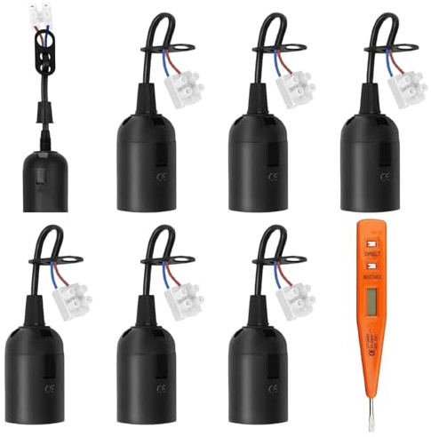 KARELLS 6 PCS Portalampada E27,E27 Lampade Basi con Filo e Terminale,Portalampade con Tester di Tensione,per Lampade a Sospensione in Soggiorno,Cucina,Nero