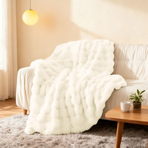 Yunlaishaocer Gosig Filt Fluffig, 110 x 160 cm Sammet Bubbelfilt Plyschfilt, Mysig Varm Mångsidig Bubble Blanket Double Sided Filt För Säng Soffa Sovrum Kontor(Vit)