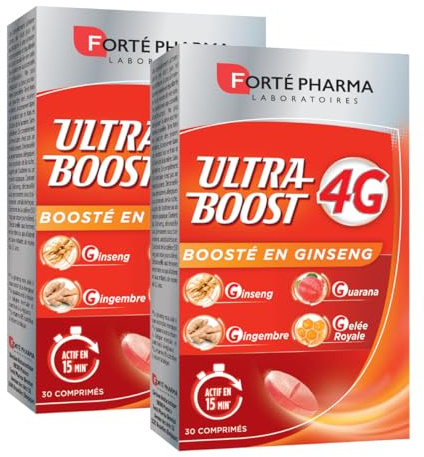 Forté Pharma - Ultra Boost 4G | Booster d'Energie - Anti-Fatigue | Giseng - Guarana - Gelée Royale - Gingembre | Complément Alimentaire à base de Caféine et Acérola | 2x30 comprimés, 1/jour