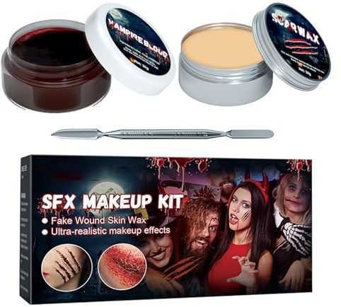 Maquillage Visage Halloween | Ensemble 2 en 1 Fausse Croûte et Sang Halloween pour Corps et Visage | Body Painting Réaliste pour Peau Blessure Sourcil Zombie Carnaval Costume Cosplay Fête Théâtre