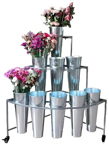 Expositor de flores con cubos galvanizados, expositor de plantas de 3 niveles con ruedas, expositor móvil para flores, carrito para flores, expositor para jardín, patio, exterior, cubos para