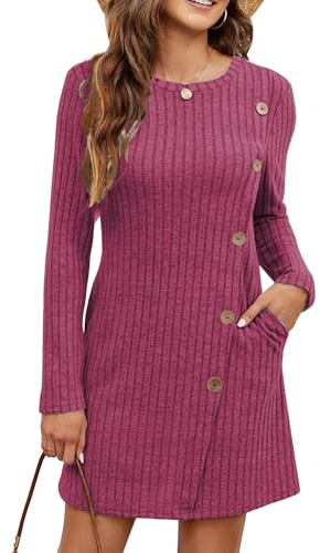 Koerye Robe Pull Femme Hiver Élégante À Manches Longues en Tricot Mini Robe Casual Col Rond A-Ligne Automne Décontractée avec Boutons sur Le côté et Poches Bordeaux,L