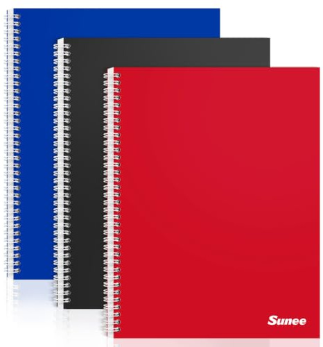 SUNEE A4 Squared Notebook, Pack of 3 Notepads, Wirebound Notebooks, 100 Sheets / 200 Pages, 80gsm 5mm Squared Paper, 4-Hole Punched and Perforated Edge, Blue/Black/Red