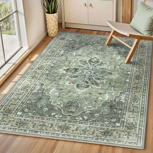 INOVADAY Vintage Waschbarer Teppich Wohnzimmer 90x150 cm Boho Kurzflor rutschfest Teppich Weich Teppiche mit Druckmuster für Schlafzimmer, Esszimmer, Büro Grün/Dunkelgrün/Grau
