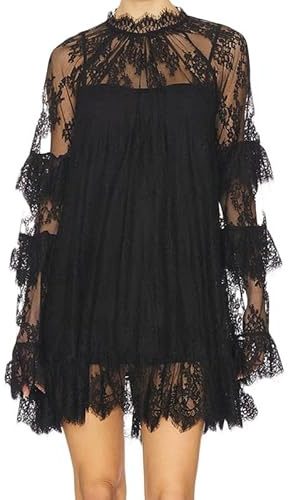 Women See Through Long Sleeve Lace Mini Dress Ruffle Layered Sheer Lace Short Dresses Sexy Going Out Cover Up Dresses Black