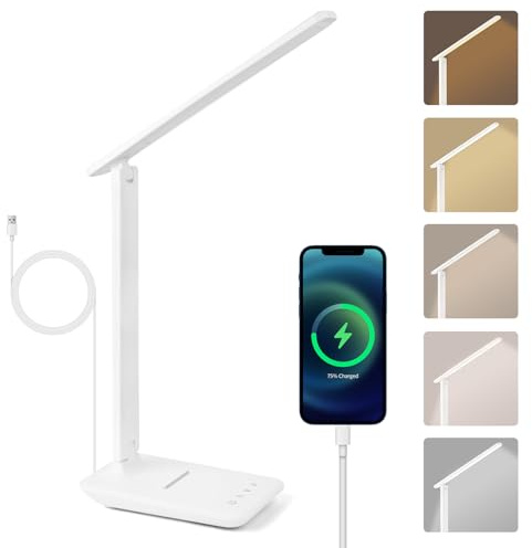 vsshe Lampada da scrivania, Lampada da Tavolo, Lampadas da lettura con porta USB, 5 Colori e 5 Livelli di Luminosità,Timer e Tocca Controllo,Lampadas da comodino pieghevole per lettura,lavoro,Ufficio