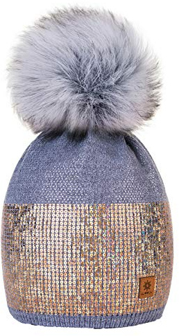 4sold Damvintermössa för kvinnor stickad mössa stor pom pom keps skidor snowboard hattar noppor små kristaller paljetter, Grå, one size