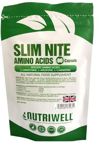 Slim Nite TM, 90 Capsules - 3 Amino Acids, L-Ornithine, L-Arginine and L-Carnitine - Made in The UK by NutriWell