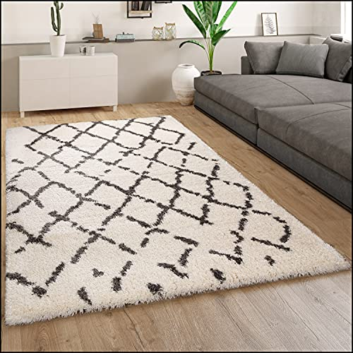 Paco Home Alfombra Pelo Largo Mullida Moderna Shaggy Flokati Motivo Rombos Blanco Gris, tamaño:160x230 cm