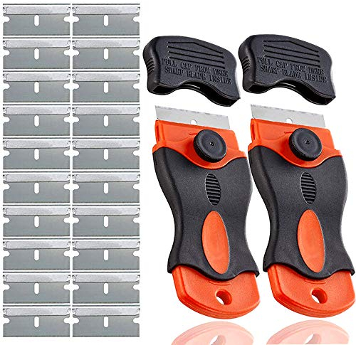 QitinDasen 2Pcs Premium 1.5 Rasierklingen Schaber Werkzeug mit 20Pcs Stahl Single Edge-Rasierklingen, Ceranfeldschaber, Glasschaber, Kochfeldschaber, Vignettenschaber