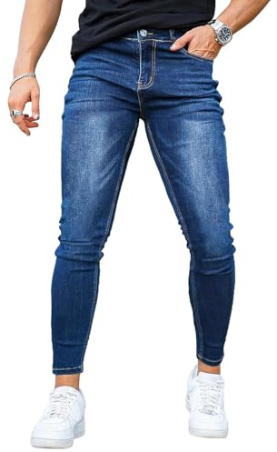 GINGTTO Jeans da Uomo Strappati Slim Fit Pantaloni Elasticizzati Denim Skinny Vita Bassa Blu 30W/30L