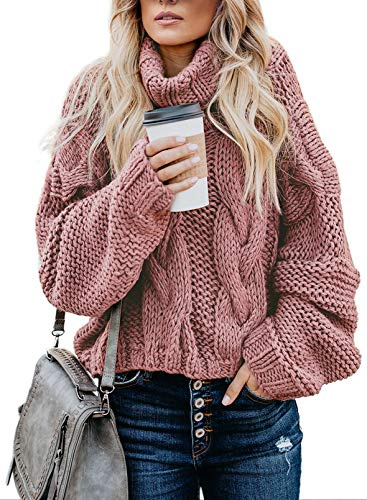 Dokotoo Womens Winter Clothes Fall Oversized Turtleneck High Neck Long Sleeve Cable Knit Chunky Sweaters Pullover Outerwear Pink M