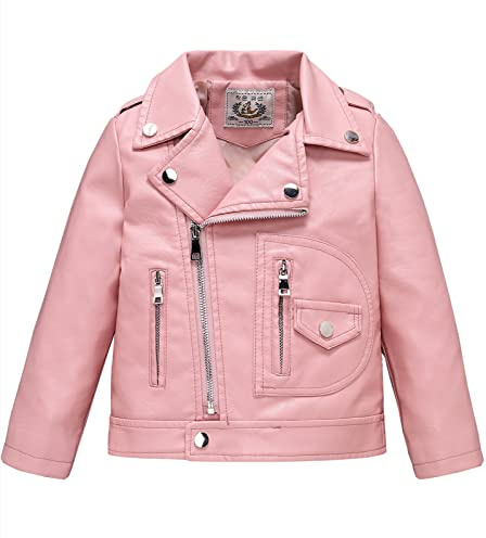 LOKTARC Toddler Boys Girls Faux Leather Jacket for Kids Motorcycle Biker Leather Jackets Pink 3-4 Years/Size 110