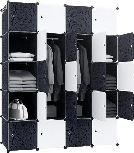 HENGMEI Armario de 20 cubos de plástico PP, perchero portátil con 2 barras para ropa, libros, juguetes, 145 x 178 x 37 cm