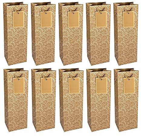 Ideen mit Herz Geschenktaschen | 36 x 12 x 10 cm | Geschenktüten für Flaschen | 10 Stück | ideal zum Verschenken von Wein, Sekt & Champagner (gold | Metallic Ornamentik)