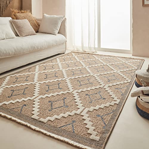 Nazar Teppich, Wohnzimmer, Natur, Jute-Optik, meliertes Muster, modernes Boho-Stil, Teppich für Wohnzimmer, Schlafzimmer, Terrasse, Außenbereich, Naturfarbe (9041 Blau, 60 x 180 cm)