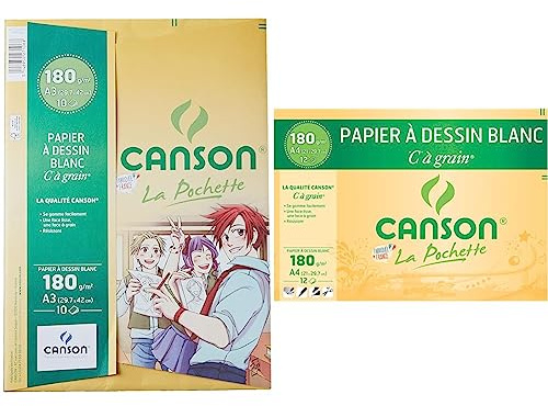 Canson - 27106 - Pochette de 10 feuilles de papier dessin - 180 g - A3 & Pochette de 12 feuilles de papier dessin C A GRAIN 180g - A4