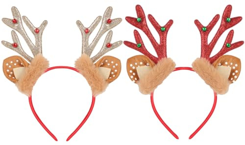 2 Piezas Diadema de Cuernos de Reno para Navidad, Bonita Brillante Diadema Navidad de Orejas de Reno con Campana, Accesorios Navidad Accesorios Pelo Niña Mujeres Diademas Navideñas para Fiesta