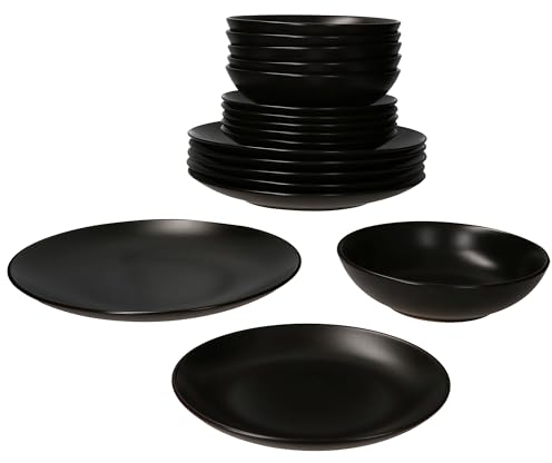 MamboCat Panther 18tlg Tellerset schwarz I mattes Steingut-Geschirr für 6 Personen I 6x Speiseteller, 6x Suppenteller 420ml & 6x Kuchenteller I Essteller, Dessertteller & tiefe Teller