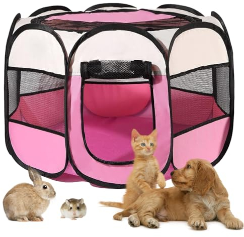 Welpenlaufstall Faltbar 74x74x43cm, Hundelaufstall für Wohnung, BRIMOREA Katzengehege, Kaninchengehege innen，für Laufstall Hund, Katzen, Hasen und Kleintiere sowohl drinnen als auch draußen(Rosa)