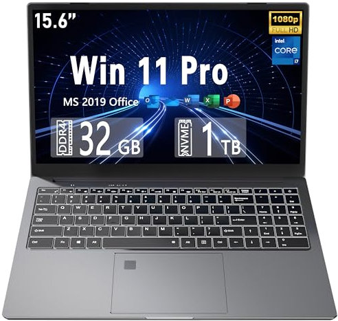 Fsjun【Win 11Pro & MS Office 2019 15.6'' All-metal FHD(1920 * 1080) Laptop Core i7-9750H(up to 4.5GHz) High Performance CPU 32GB RAM 1TB NVMe SSD UHD Graphics 630/Full-function DP Port/RJ45 (32+1TB)