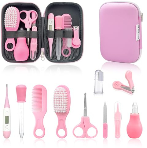 PCKOBEVER 10 Pcs 10-in-1 Baby Healthcare and Grooming Kit, Baby Grooming Kit Newborn, Baby Essentials for Newborn, Portable Baby Safety Care Set (Pink)