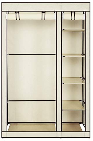 Bonnlo Kleiderschrank, Stoffschrank mit Kleiderstange und Ablagen Stabil, Stoffkleiderschrank für Schlafzimmer, 110 x 45 x 175 cm, geräumig, Faltbar, Beige