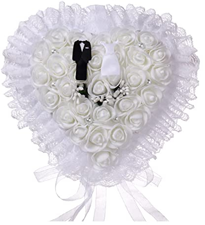YOUNAFEN Ringkissen in Herzform, Ringkissenhalter mit W-Farb-Blume, Spitze, Kristall, Perle, Hochzeitsring-Box