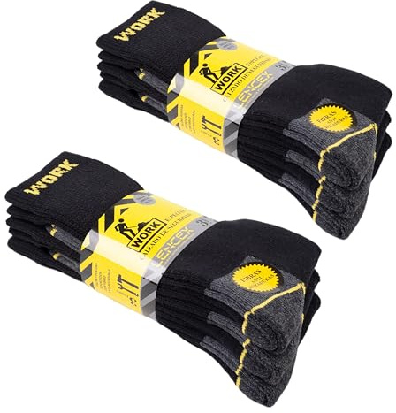 LENCEX Calcetines de Trabajo Hombre Premium (6-12 pares) - Calcetines de Trabajo resistentes con talón y punta reforzados. (FR/ES, Números, 40, 45, Regular, Regular, 6 Pares | Negro)