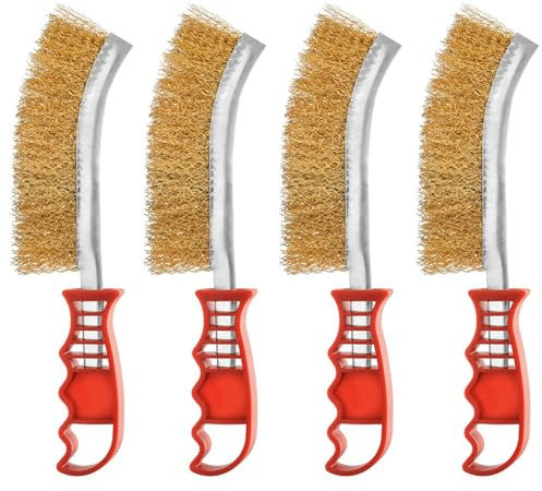 4 Pcs Wire Brush, 26cm Brass Wire Brushes For Cleaning, Long Handled Steel Brushes for Rust Removal, Brass Brush for Wood, Masonry, Paint & Grime Removal, Grills, Tiles, Wirebrushes (Red)