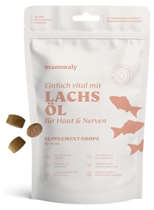 Lachsöl Drops für Hunde - 60 Leckerli (110g) von mammaly - Mit Lachs, Vitamin D & Omega 3 für Haut und Fell/Skin & Coat, Fellpflege & Hautpflege - Kann bei Haarausfall unterstützen für deinen Hund