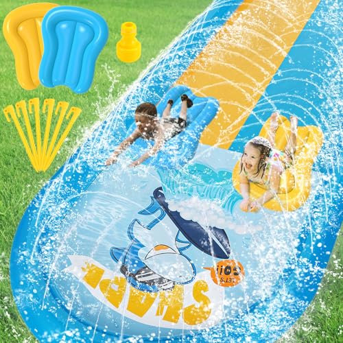 Charmofun 700cm/22.97in Wasserrutsche Kinder, 1.8m Wasserrutsche Garten Wassersprinkler mit 2 Bodyboards, Aufblasbare Doppelrutsche mit Eingebautem Sprinkler, Wasserspielzeug Sommer Pool Outdoor
