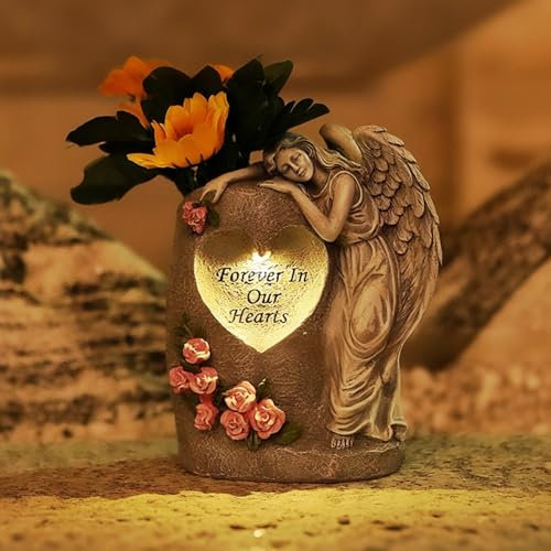 Vase funéraire avec lampes solaires - Résistant aux intempéries - Avec piquet en résine - Ange solaire - Vase funéraire - Vase funéraire - Vase funéraire - Cimetière - Décoration de pierre tombale